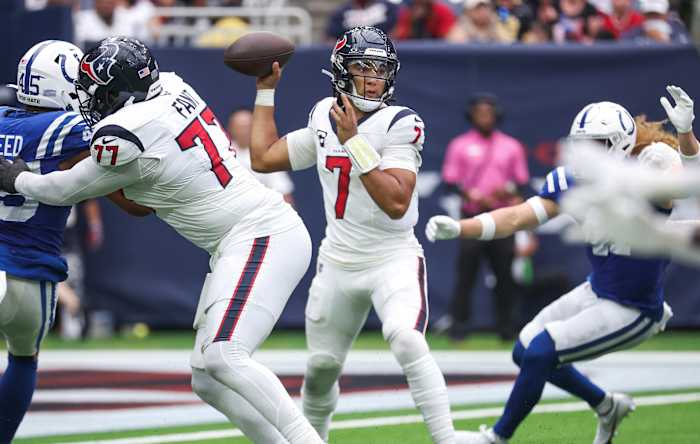 Texans quarterback C.J. Stroud attempts a pass during the fourth quarter against the Indianapolis Colts at NRG Stadium
